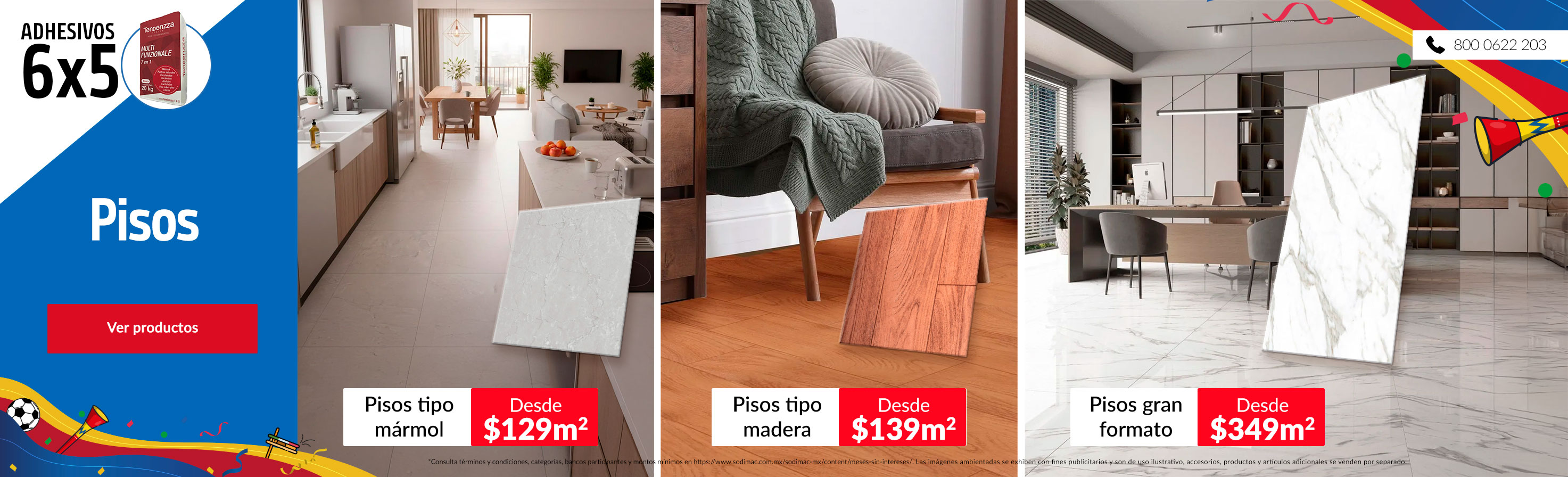 Pisos Tipo marmol, Tipo madera, Pisos Gran Formato desde 349m2 y Adhesivos 6X5