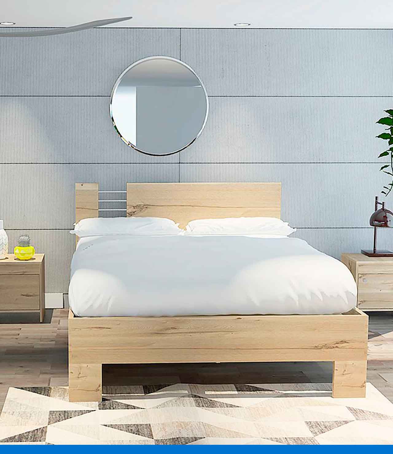 Fotografía interior de una cama de lujo moderna con textura de cabecero y  cuadros en las paredes