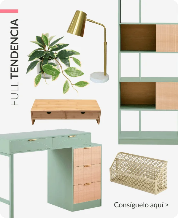Collage de estilo tendencia con escritorio verde menta, lámpara dorada y estantería