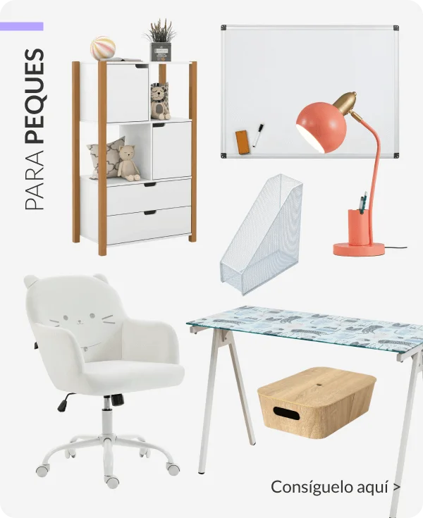 Collage infantil con silla de gato blanca, escritorio de vidrio estampado y organizadores