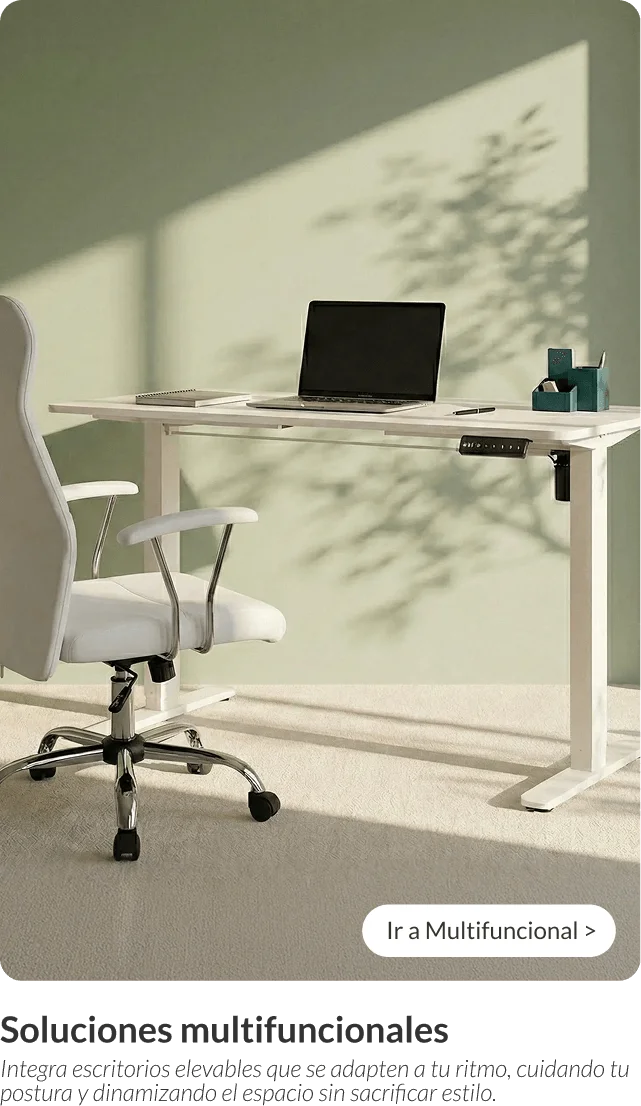 Escritorio blanco elevable ajustando altura automáticamente en oficina moderna