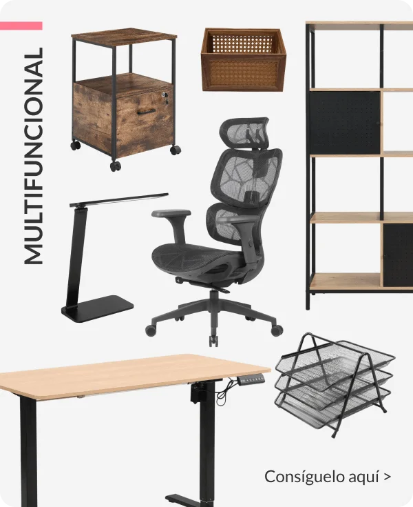 Collage de oficina funcional con silla de malla negra, escritorio y cajonera