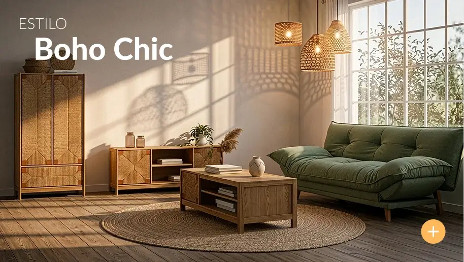 Espacio decorado en estilo boho chic con texturas, fibras naturales y tonos cálidos