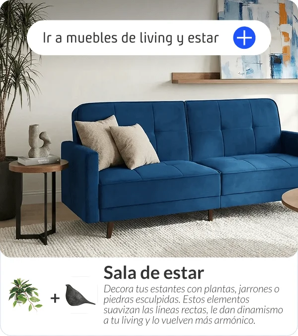 Sofá cama azul de terciopelo de tres cuerpos en sala de estar moderna