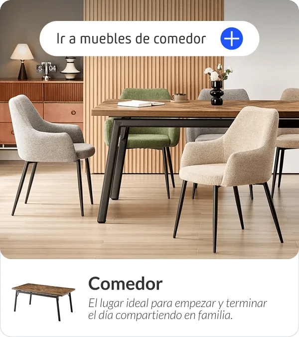 Mesa de comedor rectangular de madera oscura con sillas tapizadas en gris y beige
