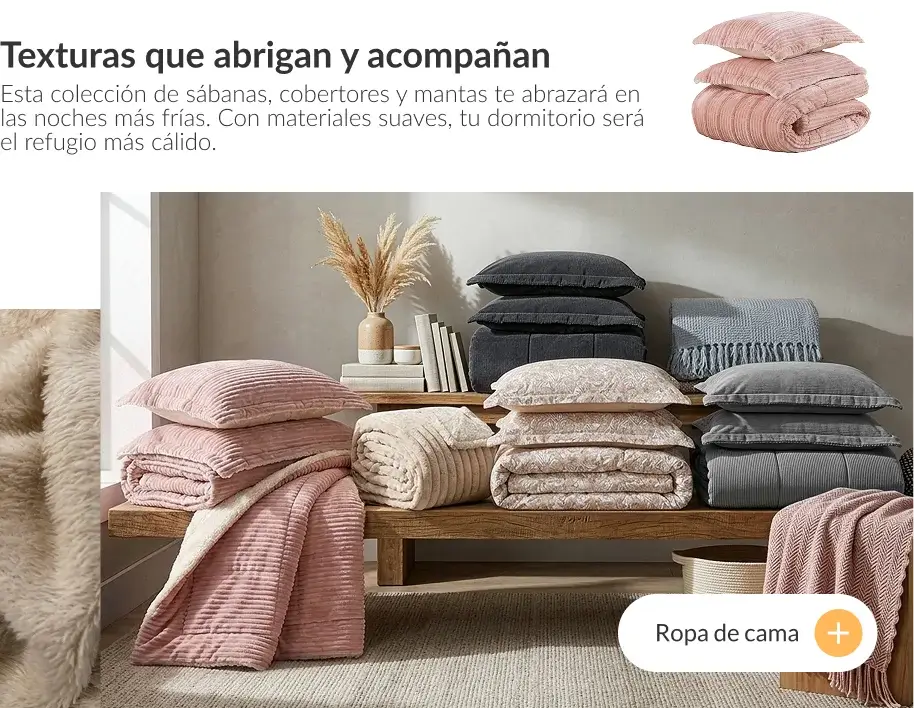Ropa de cama en tonos cálidos con mantas, cojines y cobertores en dormitorio acogedor de invierno