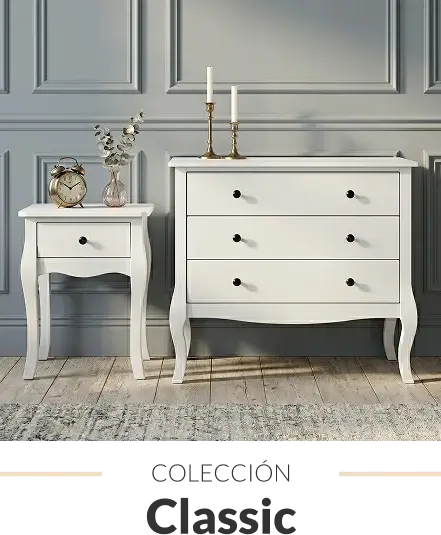 Colección de dormitorio estilo clásico con muebles y textiles en tonos neutros