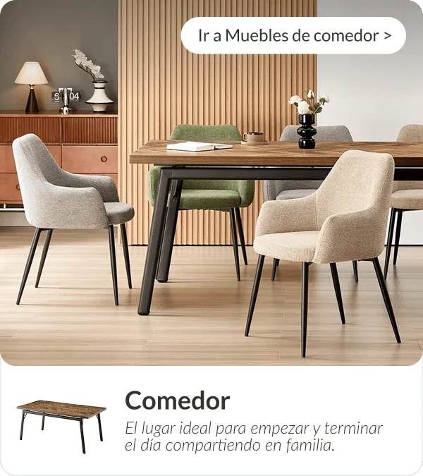 Mesa de comedor rectangular de madera oscura con sillas tapizadas en gris y beige