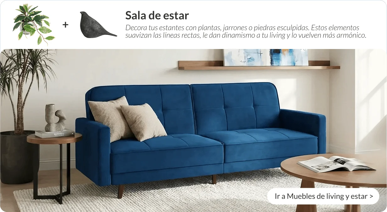 Sofá cama azul de terciopelo de tres cuerpos en sala de estar moderna