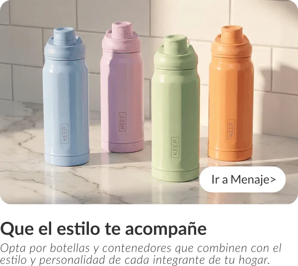Botellas térmicas de colores pastel (azul, lila, verde, naranja) sobre encimera