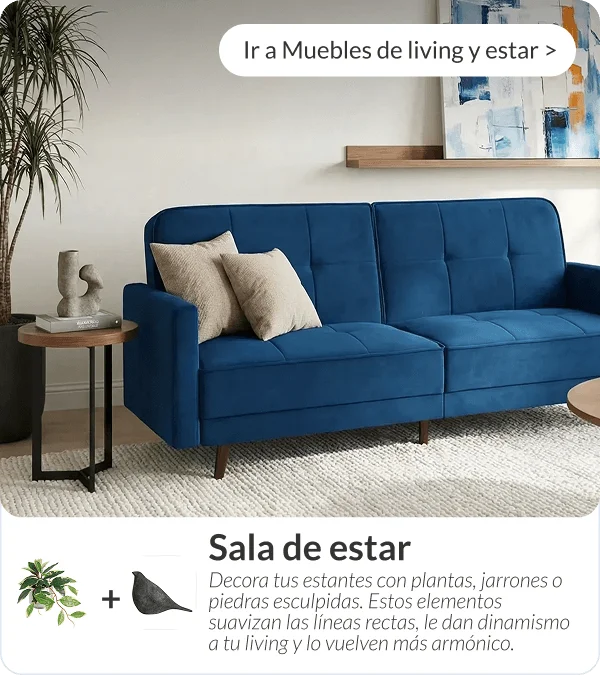 Sofá cama azul de terciopelo de tres cuerpos en sala de estar moderna