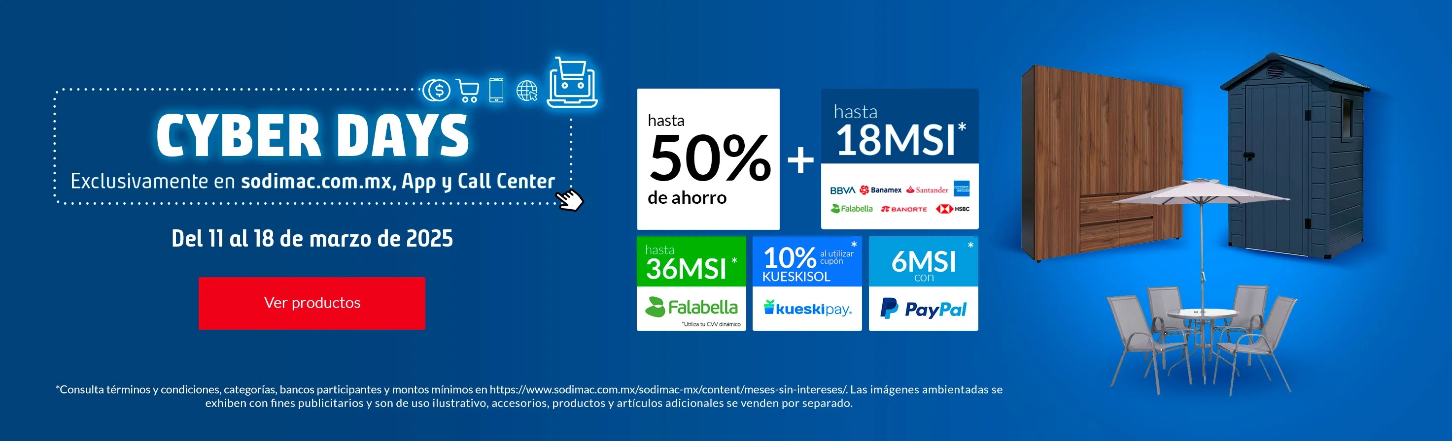 Cyber Days Sodimac Hasta 50% de descuento + 6 MSI Paypal, Cupon Kuesky 10%, 12 MSI Bancos